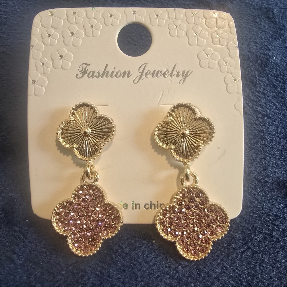 Gold and Pink Clover Earrings